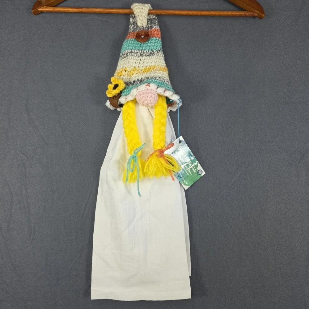 NWT Girl Gnome Kitchen Towel Topper & Towel Handmade Crochet Yellow Pink Teal